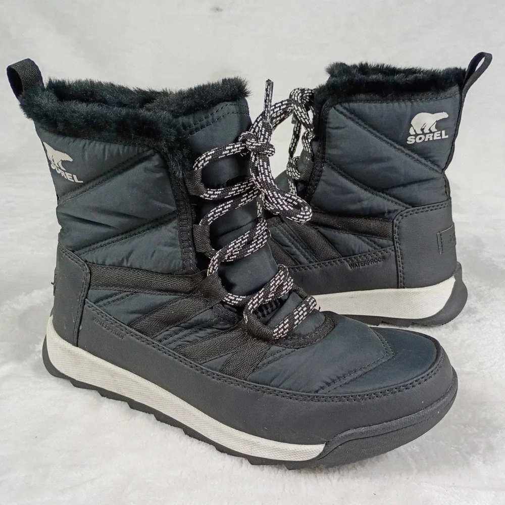 Sorel Winter Boots Womens 6 Black Excellent Waterproof Faux Fur Quilted Lace Up